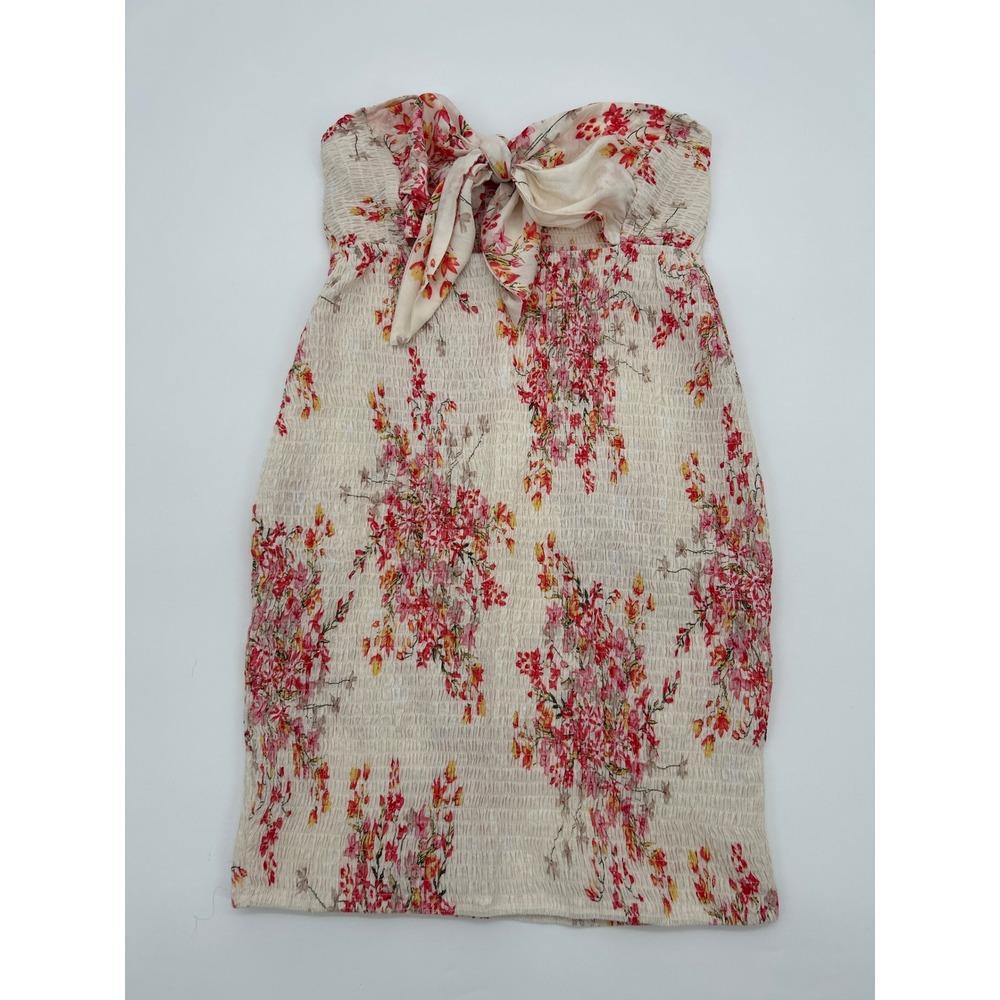 O.VIANCA Strapless Smocked Floral Mini Dress Pink Yellow Cream Size M